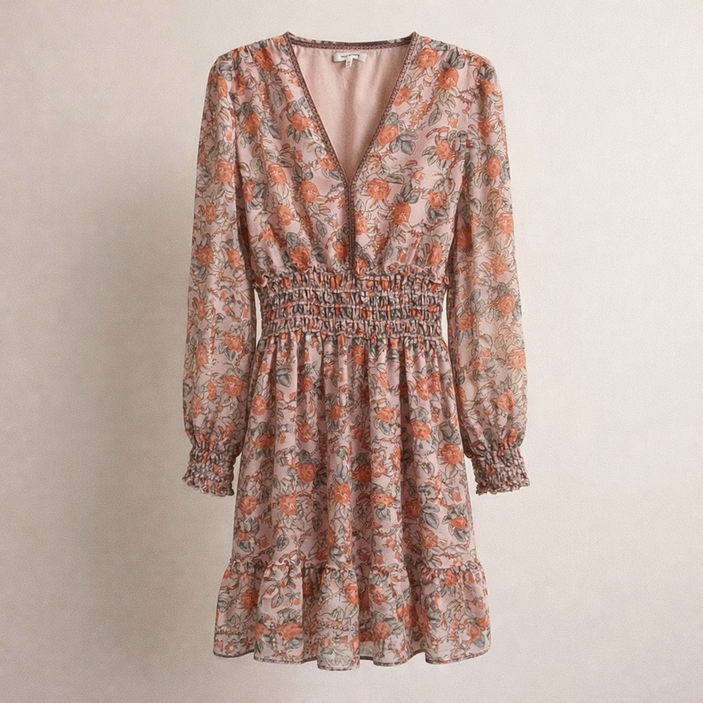 Max Studio Blush Orange Floral Smocked Waist Mini Dress Size M Like New